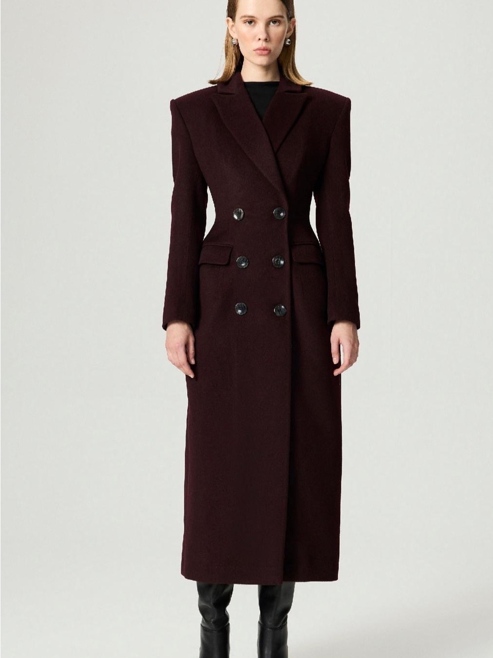 Long Double-Breasted Trench Coat in Deep Bordeaux